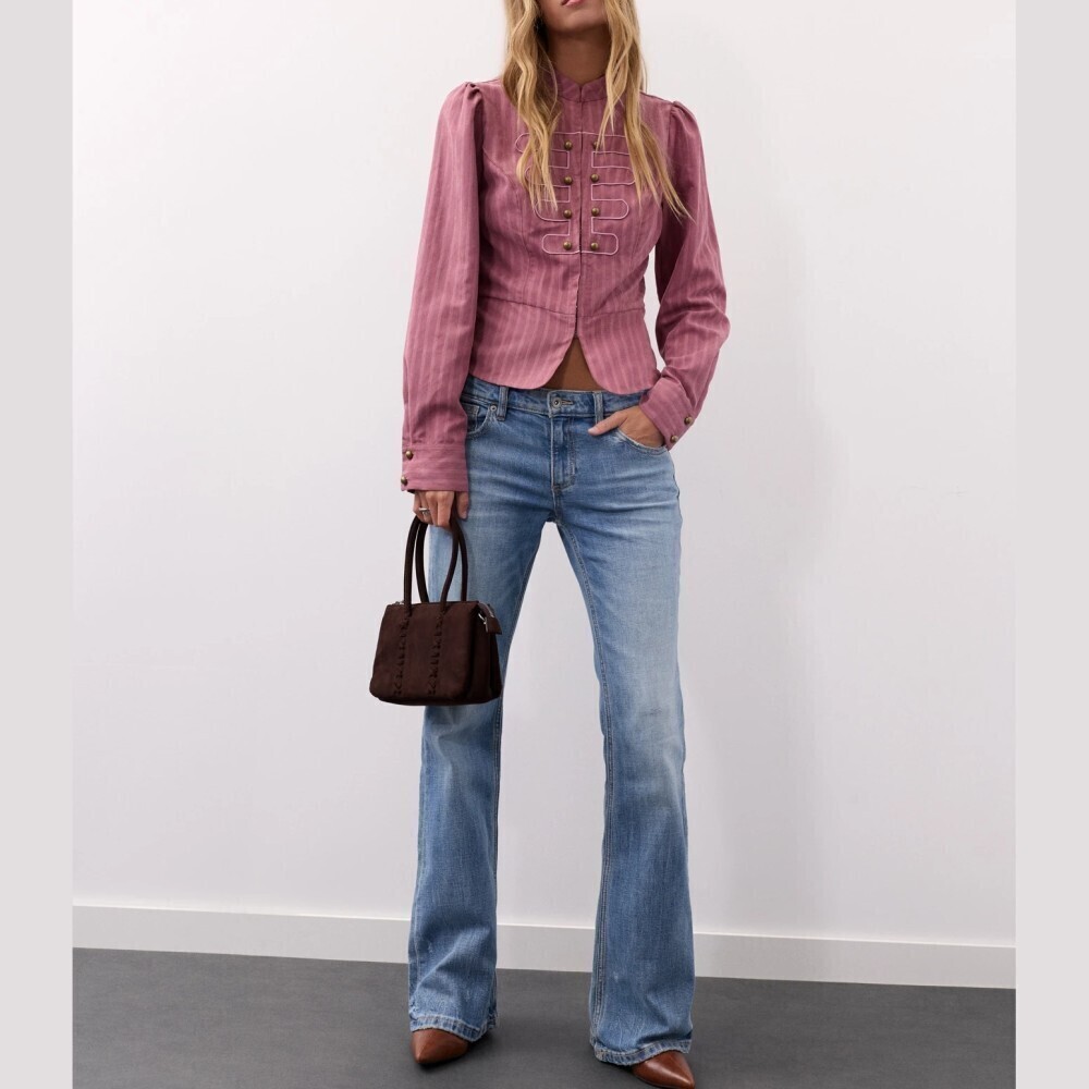 Mauve Pink Military Band Jacket Style Blouse with Stand Collar
